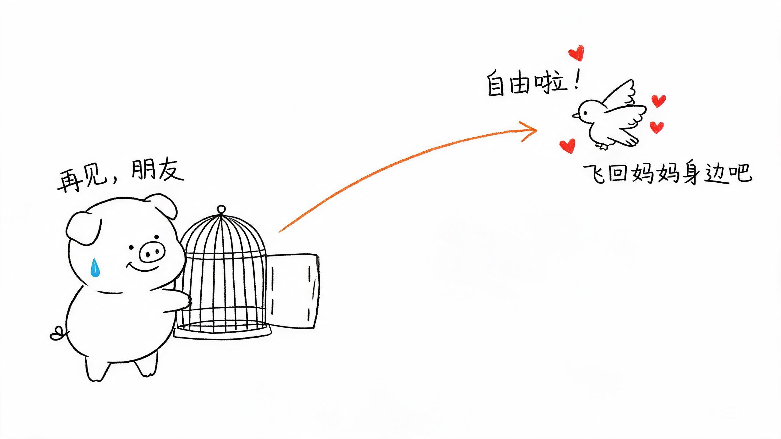 小猪打开笼子，把小鸟送回天空